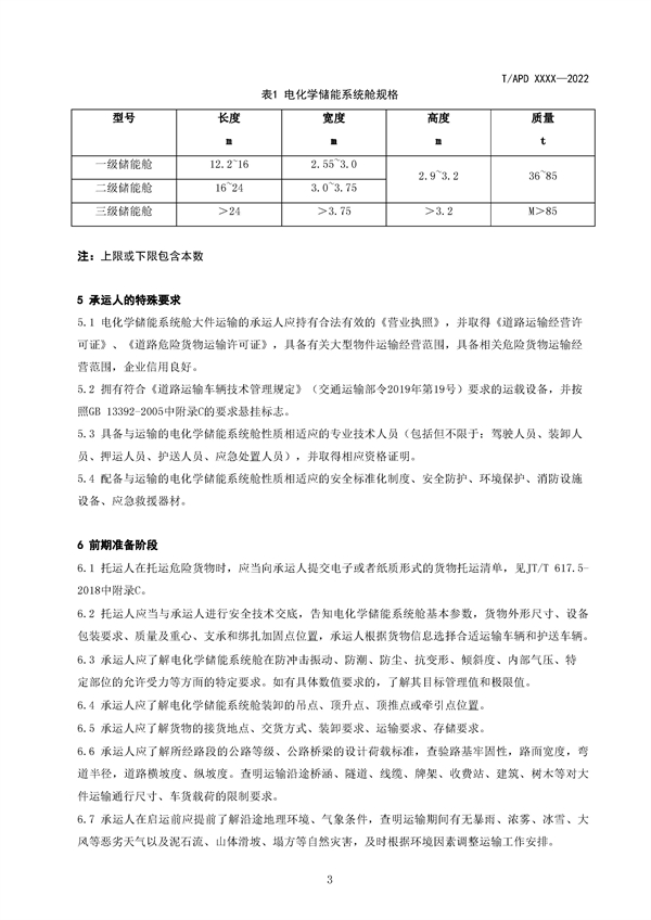 团体标准《电化学储能系统舱大件运输特殊要求（征求意见稿）》征求意见