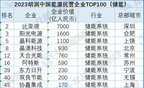 48家储能企业上榜！胡润中国能源民营企业TOP100出炉